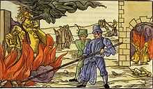 Gravure médiévale montrant deux hommes attisant un bûcher sur lequel brûlent trois femmes. L'une d'elle est saisie par un dragon qui sort d'un nuage.