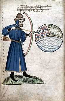 Enluminure médiévale représentant un homme portant une longue tunique bleue tirant à l'arc sur une sphère représentant le monde.