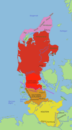 Carte du Danemark continental : le Holstein est au sud, le duché de Schleswig au milieu et la partie danoise au nord.