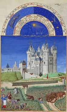 Enluminure d'une scène de vendanges en contrebas d'un imposant château de style gothique