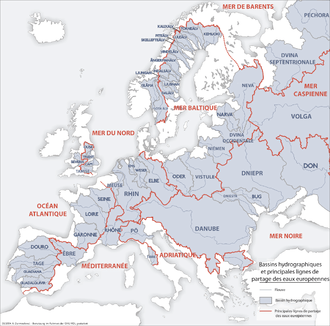 Carte des bassins hydrographiques d’Europe.