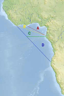 Le golfe de Guinée, différentes façons de le définir : * A le golfe intérieur, * AB le golfe de l'OHI,  * ABC le golfe le plus courant,  * ABCD le golfe de la Commission.