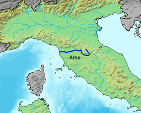 Localisation de l'Arno dans la péninsule italienne.