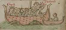 Enluminure d'un bateau stylisé où se trouvent plusieurs personnages dont deux portent une couronne