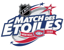 Logo du Match des étoiles 2009 : les mots Matchs des étoiles avec le logo de la LNH, celui des Canadiens de Montréal et l'inscription Montréal 2009.