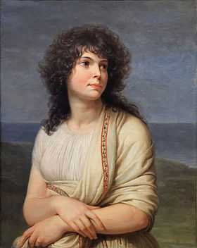 Portrait peint d'une femme aux cheveux bruns, longs et bouclés, elle porte une étole blanche sur une chemise blanche en croisant les bras.