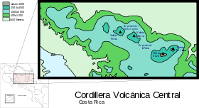 Carte topographique du Costa Rica avec la cordillère Centrale.