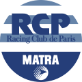 partie haute d'un cercle avec RCP Racing Club Paris, la partie basse avec Matra et un rond contenant une flèche.