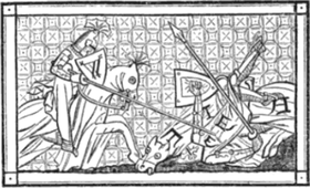 Calogrenant vaincu par le chevalier gardien de la fontaine. Reproduction d'une miniature du manuscrit du Meraugis