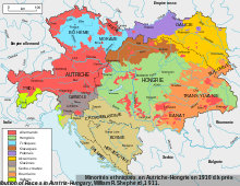 Carte de l'Autriche-Hongrie montrant une multitude de couleurs, donc de minorités ethniques, imbriquées.