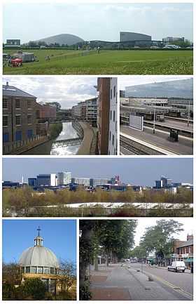 De haut en bas et de gauche à droite : Le théâtre et Xscape, habitations récentes dans Wolverton, la gare centrale, panorama du centre de Milton Keynes, l'église Christ the Cornerstone et le Queensway (avenue) à Bletchley.