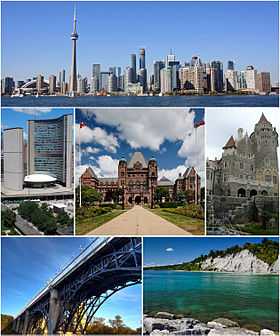 De haut en bas et de gauche à droite : Downtown Toronto vu depuis Toronto Islands, le Toronto City Hall, l'édifice de l'Assemblée législative de l'Ontario, Casa Loma, le Prince Edward Viaduct et les falaises de Scarborough.