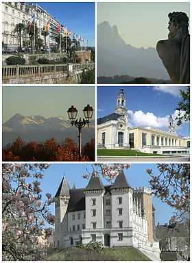 En haut à gauche : le boulevard des Pyrénées et le pic du Midi d'Ossau En haut à droite : le palais Beaumont et le pic du Midi de Bigorre En bas : le château de Pau