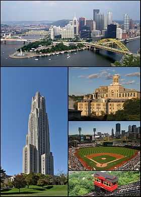 De haut en bas et de gauche à droite : le centre-ville situé au confluent de l'Allegheny et de la Monongahela, la Cathedral of Learning de l'université de Pittsburgh, l'Université Carnegie-Mellon, PNC Park et le funiculaire Duquesne.