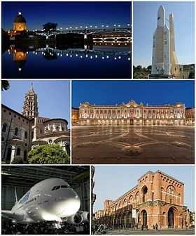 De haut en bas et de gauche à droite : le pont Saint-Pierre, une réplique de la fusée Ariane 5 à la Cité de l’espace, la basilique Saint-Sernin, la place du Capitole, le premier Airbus A380 et le musée des Augustins.