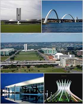 De haut en bas et de gauche à droite : Congrès National du Brésil, Pont Juscelino Kubitschek, Eixo monumental, Palácio da Alvorada, Cathédrale de Brasilia.