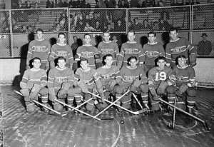 Photo noir et blanc des 14 joueurs des Canadiens de Montréal qui posent sur deux rangs sur la patinoire devant un grillage qui les sépare des gradins et des spectateurs.