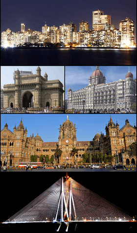 Paysage de Cuffe Parade, l'hôtel Taj Mahal, la gare Chhatrapati Shivaji, Bandra–Worli Sea Link et la Porte de l'Inde.