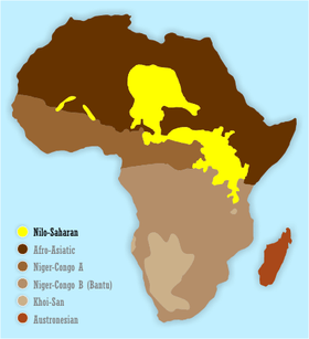 Répartition des langues nilo-sahariennes, en jaune sur la carte.