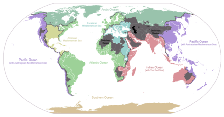 Carte du monde situant les bassins versants de 5 océans, de la mer Méditerranée et du golfe du Mexique ainsi que les grands bassins endoréiques