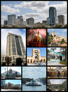 De haut en bas et de gauche à droite : Downtown Orlando, château de Cendrillon, Amway Center, Citrus Bowl, fontaine du lac Eola, Orlando Bridge, aéroport international d'Orlando.