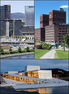 De haut en bas et de gauche à droite : quartier de Bjørvika, hôtel de ville d’Oslo et Opéra d’Oslo.