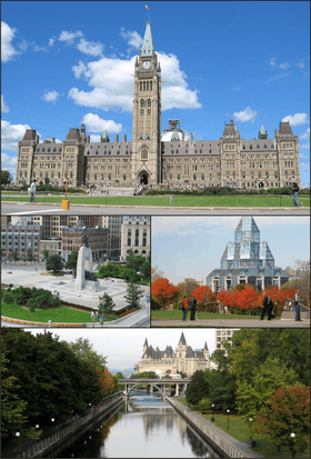 À partir d'en haut : le Parlement du Canada, le Monument commémoratif de guerre, le Musée des beaux-arts du Canada et le Canal Rideau.