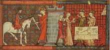 Enluminure du roman de Perceval datant du XIIe siècle où est montré Perceval recevant une épée du roi Pêcheur