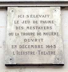 Plaque commémorant l'emplacement du jeu de paume des Métayers à Paris