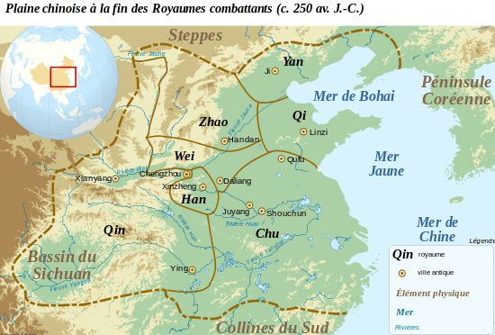 Carte de la plaine orientale de la Chine montrant les frontières approximatives des royaumes