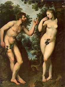 peinture représentant deux personnages nus debout dans la nature, un homme barbu à gauche et une femme à droite, tournés l'un vers l'autre. La femme s'appuie sur un arbre autour duquel s'enroule un serpent.