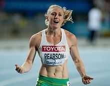 Photographie de Sally Pearson à l'arrivée d'une course