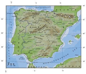 Carte topographique de la péninsule Ibérique.