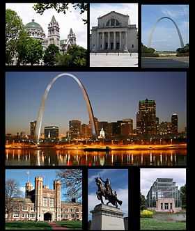 De haut en bas et de gauche à droite : cathédrale Saint-Louis, musée d'art de Saint-Louis, la Gateway Arch du Jefferson National Expansion Memorial, université Washington, statue de saint Louis et Forest Park.