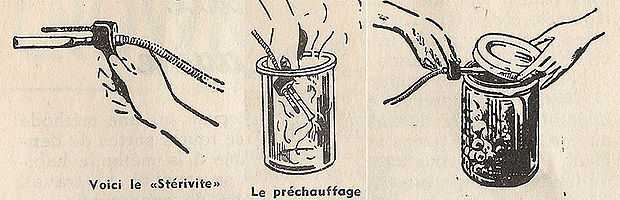 Trois croquis se succèdent : à gauche, une main tient le manche de l’appareil, le tuyau d’où la vapeur doit sortir étant à l’horizontal ; au centre la main plonge l’appareil jusqu’au fond d’un bocal transparent, vide, pour le préchauffage ; à droite, l’appareil est introduit à l’horizontale sous le couvercle presque complètement rabattu sur le bocal rempli d’aliment.