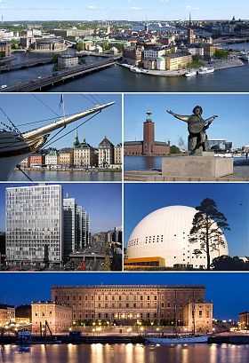 De haut en bas et de gauche à droite : Helgeandsholmen, Gamla stan et Riddarholmen ; Skeppsbron ; hôtel de ville et statue d'Evert Taube ; Hötorgsskraporna ; Ericsson Globe ; palais royal.