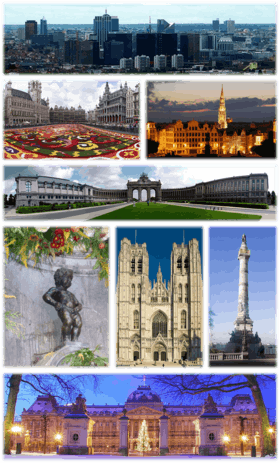 De haut en bas et de gauche à droite: Quartier d'affaires, Tapis de fleurs, Mont des Arts, Arcades du Cinquantenaire, Manneken Pis, Cathédrale Saints-Michel-et-Gudule, Colonne du Congrès et Palais royal de Bruxelles.