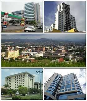 En haut à gauche : Torre Alianza ; en haut à droite : Torre Sky Residence Club ; au centre, vue panoramique depuis Lomas del Mayab ; en bas à gauche : Hotel Clarión ; en bas à droite : Torre Lafise.