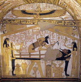 Anubis sur une fresque d'une tombe thébaine