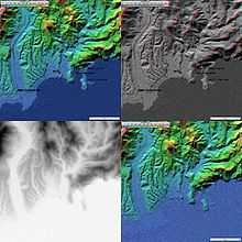 4 images topographiques (20 km de côté) de Nice (avec les villes en couleurs, en relief, en niveau de gris, ou sans).