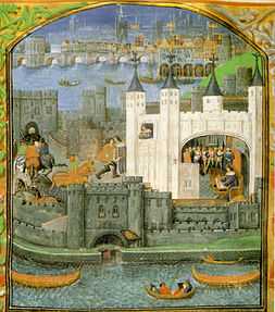 Enluminure médiévale représentant une tour blanche au milieu d'une enceinte fortifiée. Les bâtiments sont entourés par un fleuve et une ville et un pont sont visibles à l'arrière-plan.