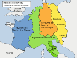 Carte de l'Europe après le traité de Verdun de 843