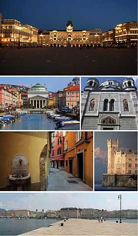 Trieste (de h. en b. et de g. à d.) : la piazza Unità d'Italia, le Grand Canal et au fond l'église catholique Sant'Antonio Nuovo, l'église serbo-orthodoxe San Spiridone, ruelle de Trieste, le château Miramare, le Molo Audace.