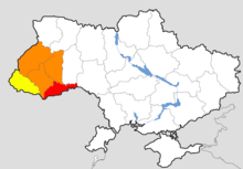 Carte où apparaissent trois régions de l'ouest : orange (Galicie), jaune (Ruthénie) et rouge (Bucovine).