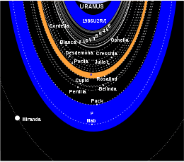 Schéma du système d’anneaux et de lunes d’Uranus. Les lignes continues montrent les anneaux, les lignes en pointillés, les orbites des lunes.