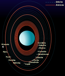 Illustration d'Uranus, de ses lunes et de ses anneaux, douze lunes sont visibles.