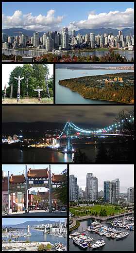 De haut en bas et de gauche à droite : Downtown Vancouver, le Stanley Park, l'Université de la Colombie-Britannique, le Lions Gate Bridge, le Chinatown, le Burrard Bridge et une autre vue du Downtown depuis le Granville Street Bridge.