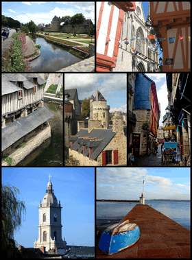 De haut en bas et de gauche à droite : les remparts de Vannes, des maisons à pans de bois, les vieux lavoirs, les lavoirs et la tour de connétable, une ruelle de l'intra muros, le clocher de l'église Saint-Patern et la jetée de Conleau