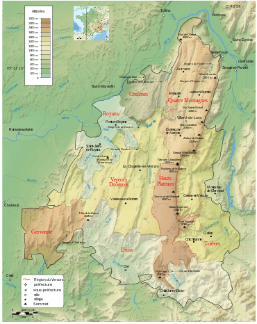 Carte de la topographie et des régions du Vercors