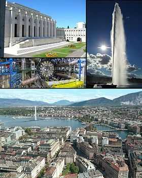 De haut en bas et de gauche à droite : palais des Nations, jet d'eau, laboratoire du CERN, Genève et le lac Léman.